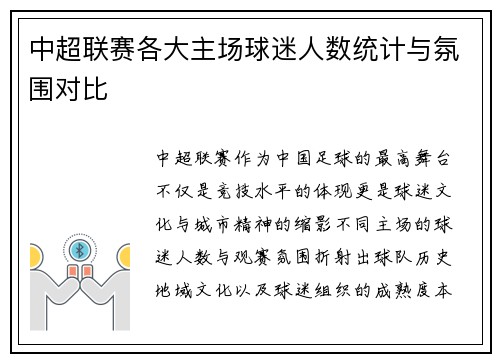 中超联赛各大主场球迷人数统计与氛围对比