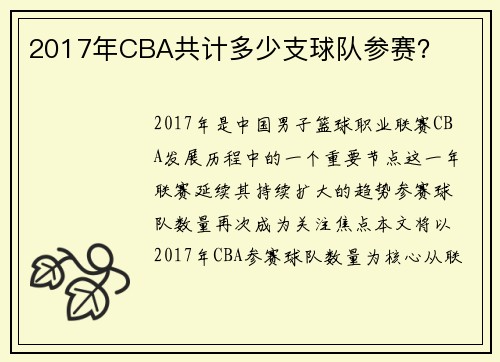2017年CBA共计多少支球队参赛？